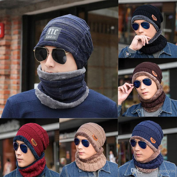 11 Colors Autumn and Winter Hat Men Hats Knit Wool Cap Plus Velvet Thickening Cap [hat + Collar] Sets Men's Hats Wool Cap Collar Set Knitted