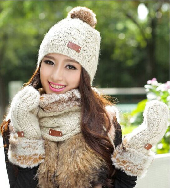 Wholesale-Plush new winter scarf hat gloves three-piece, lovely super soft warm thick velvet scarves pieces of sets, Christmas Gift Sets