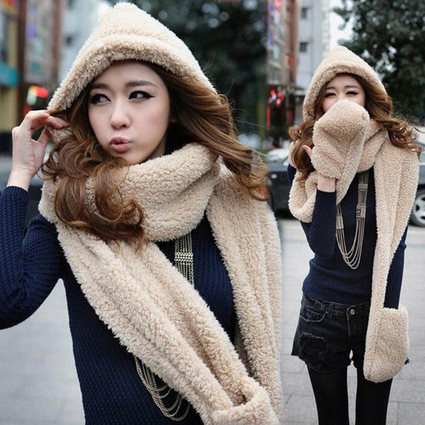 3 in 1 Women Autumn Winter Warm Plush Hood Scarf Snood Thicken Hats Gloves XRQ88