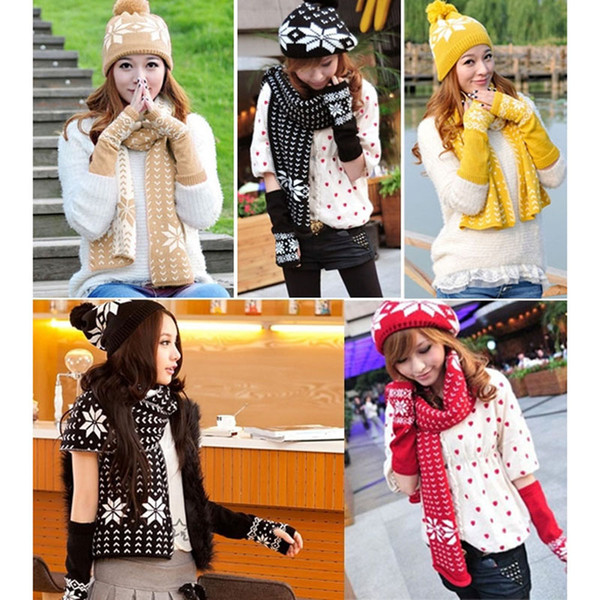 3Pcs Winter Warm Women Knitting Woolen Set Beanie Ski Hat+ Scarf+ Gloves Wraps