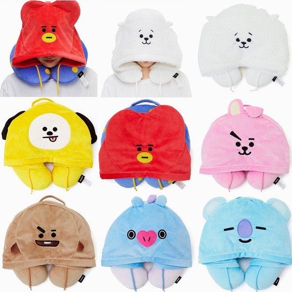 Kpop home for BT21 bts Cute cartoon Q version Hooded U-shaped plush warm comfortable Pillow Travel Neck Cushion Pillow