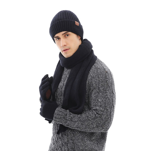 2018 New Fashion Man Scarf, Hat & Glove Sets Winter Warm Wraps Knitted 3 Pcs Solid Unisex Thick Male Beanies Christmas Gifts