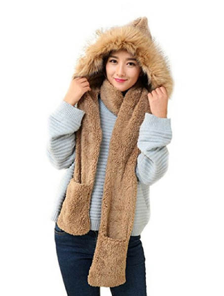 Lovely Warm Cold Weather Headbands Winter Women faux fur Hoodie Gloves Pocket Earflap Hat Long Scarf Shawl Wraps