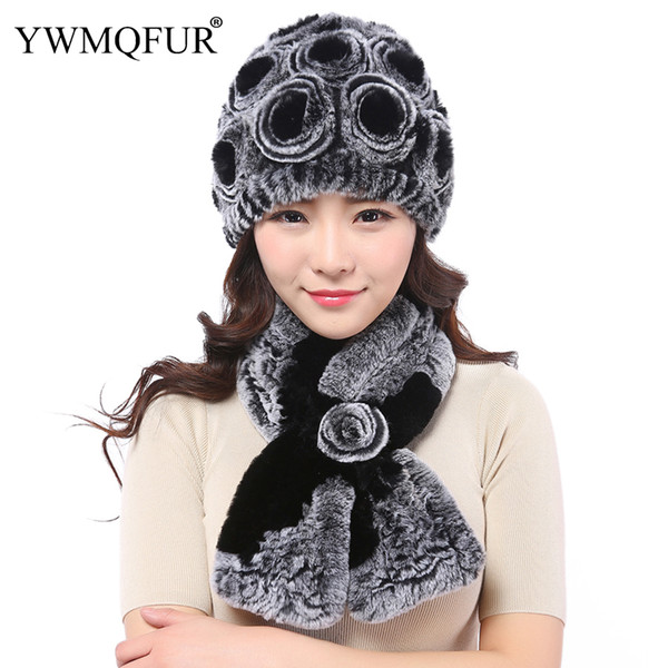 Winter Rex Rabbit Fur Scarf Hat Sets For Women Thick Warm Real Fur Female Beanies Ladies Cap Scarves Set 2018 Hot Sale YWMQFUR