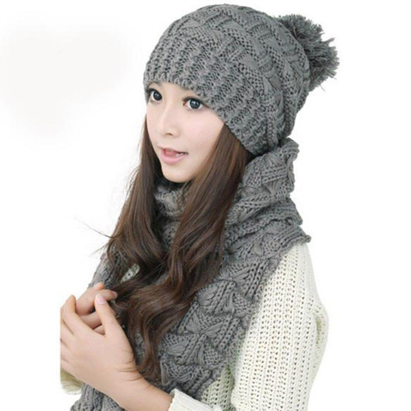 Women's Girls Winter Wool Knitted Scarf and Hat Set Warm Crochet Thicken Skullies & Beanies and Scarves