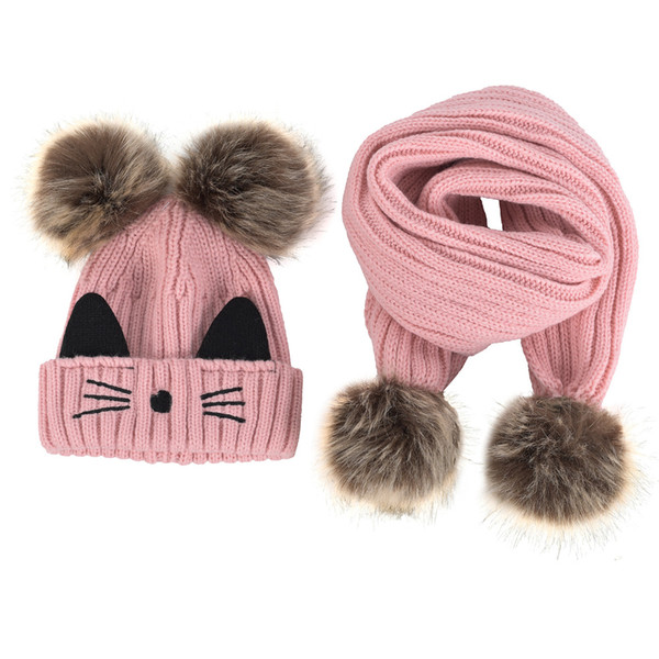 Winter New Women Fashion Cute Cat Ear Hat and Scarf Set Girls Fashion Sweet Warm Hats Embroidered Knitted Woolen Caps Scarfves