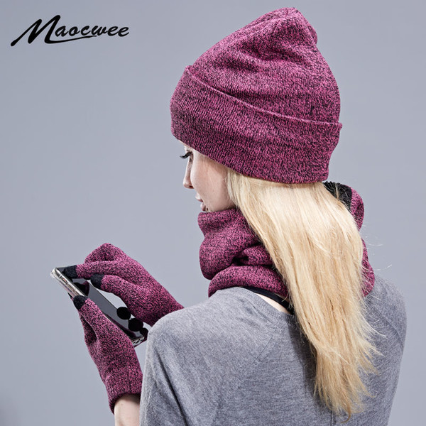 New Knitted Winter Hat Scarf Glove Set Women Thick Touch Screen Glove Beanies Ring Scarf Female For Girls Gift