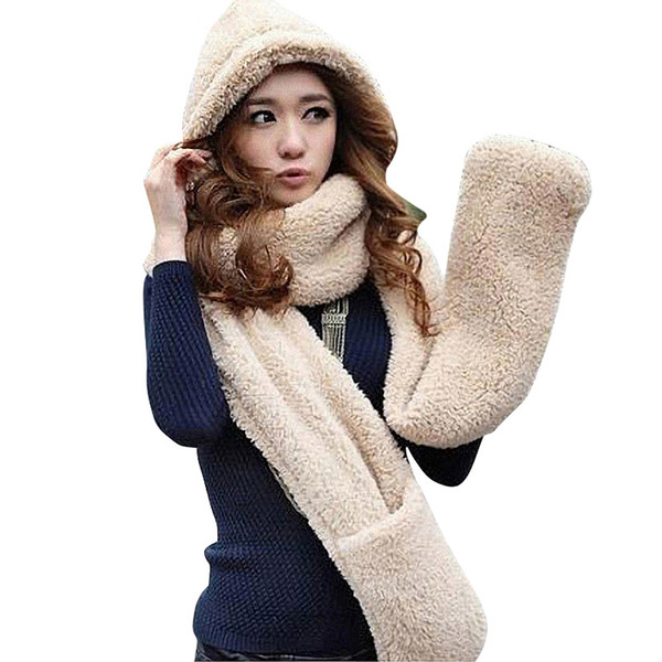 High quality Female Winter Warm Soft Plush Faux Fur Hooded Cap Set Hat Scarves Scarf Gloves A Nice Gift For Woman Girl