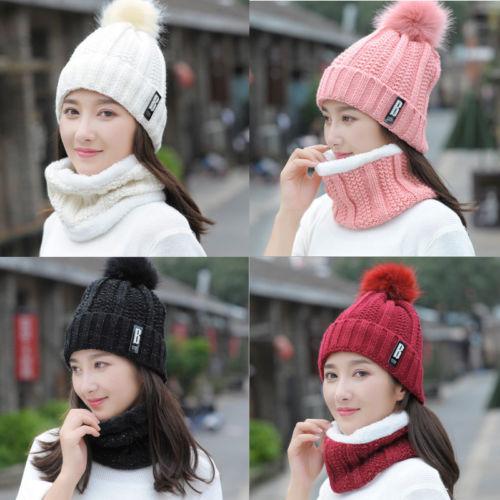 Scarf Hat Sets Kit Women Winter Warm Solid Pompoms Knitted And Scarves 2PCS