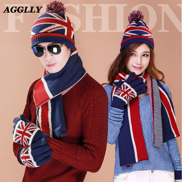 2018 Winter Man Women Color Patchwork Caps Knitted Wool Warm England Rice Word Star Scarf Thick Windproof Scarf Hat Glove Sets