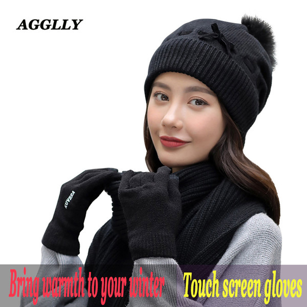 2018 Winter Touch Screen Gloves Caps Knitted Wool Warm Windproof Multi Functional Scarf Thick Scarf Hat Glove Sets For Women