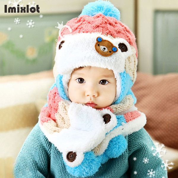 Unisex Child Beanies Cap Set Baby Kids Cartoon Design Stripe Knit Add Velvet Hat and Scarf Winter Warm Suit Set