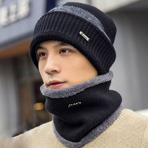 Fashion Winter Cotton Solid Men Hat + Scarf Set Woolen knitting Caps Plus Velvet All-match Scarves Mens Scarves Male Hat Set