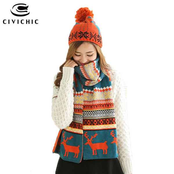 CIVICHIC Winter Jacquard Knit Hat Scarf 2 Piece Set Christmas Gift Crochet Snow Cap Xmas Warm Beanies Chic Pompon Headwear SH115