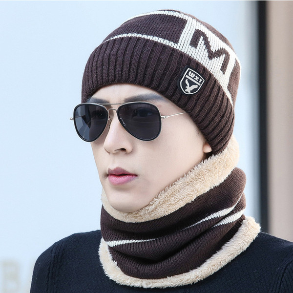 Men Knitted Winter Cap Warm M Letters Thickening Velvet Polyester Hat Fashion Cap Windproof Scarf Set Outdoor Biking Hiking Hat Wholesale