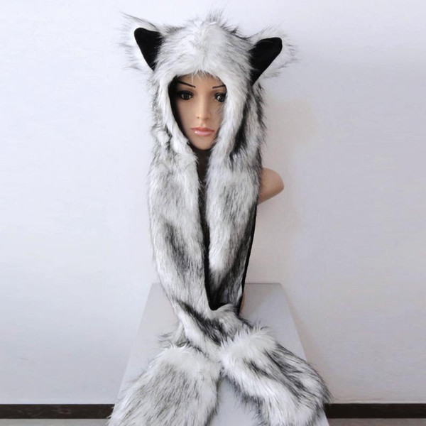 2018 NEW Warm Animal Fur Hat and Scarf for Women Winter Fluffy Plush Cap Ear Hood Shawl Glove Unisex Scarves Wraps Wholesale