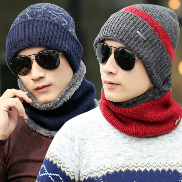 Explosion models autumn and winter men's hat collar set wool knit hat youth middle-aged cap plus velvet thick warm cap