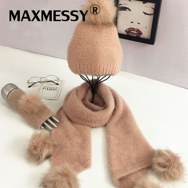 MAXMESSY Scarf Hat Glove Sets Women Winter Fur Pompom High Quality Fashion Brand New Warm Caps Skullies Glove Femme MH162