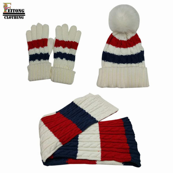 hat&gloves&scarf 3 Piece Knitted Winter Set with Patchwork