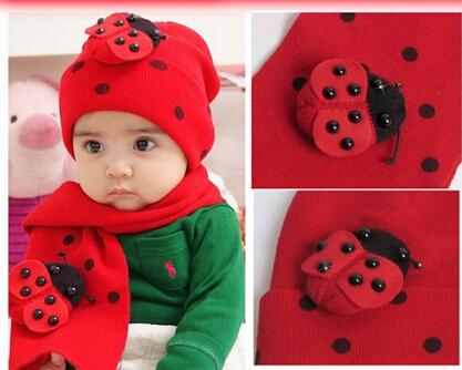 beautiful Baby men's scarf and hat set winter cap+ 80cm scarve 2pcs set fashion christmas gift ladybird red color cotton 5pcs/lot YQS-Y27508