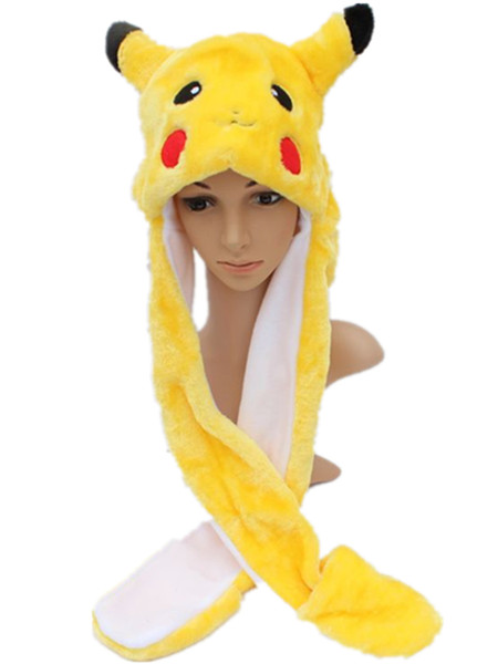 Pikachu Cartoon Plush Animal Faux Fur Full Hood Kids Hat Women Children Costume Beanie with Long Scarf Mittens Gloves Earmuffs 2 Expressions