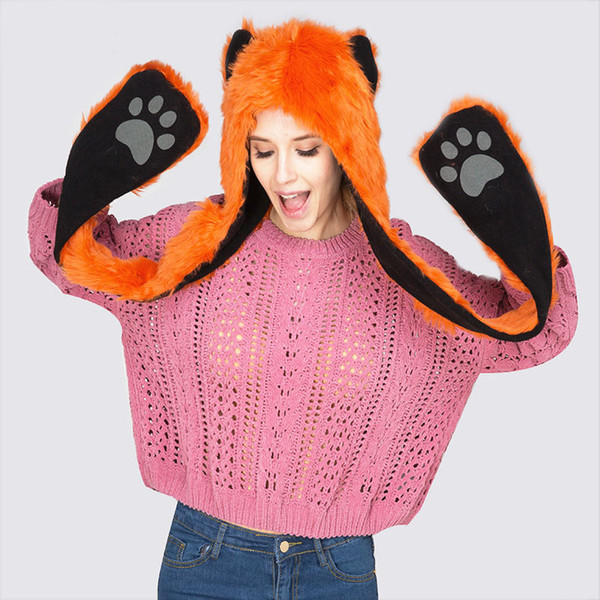 Faux Fur Hat and Scarf for Girls Wolf Animal Paw Gloves Hat Scarf 3 in 1 Set Winter Accessories for Women