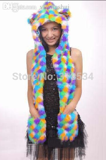 Wholesale-New Arrival Faux Fur Animal Hats with Long Scarf Mittens Animal Ears Hoodie Rainbow Hood Winter Hat