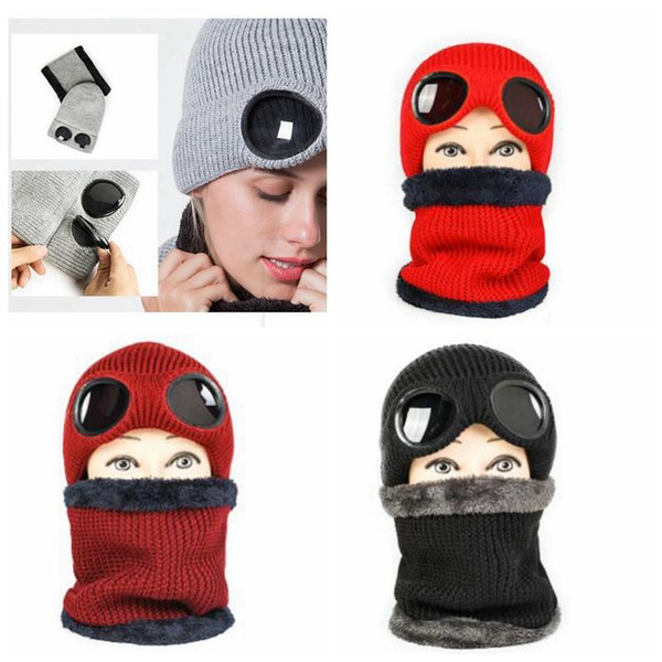 Winter Wool Knitted Windproof Glasses Hat Women Beanies Crochet Hats scarf Winter Gorros Ski Cap Plush Lined Glass Hats scarf set