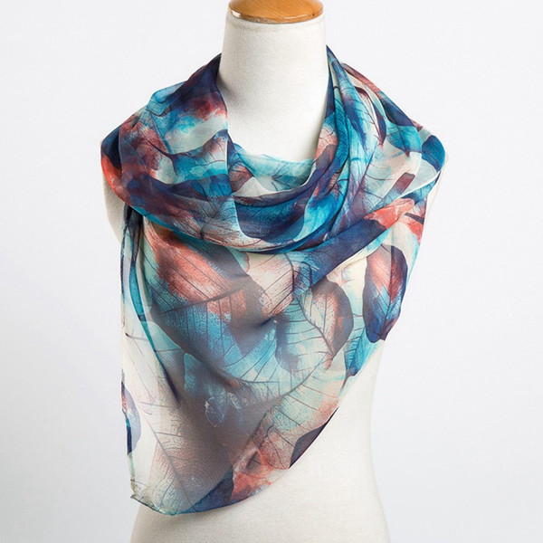 Wholesale- Lady Girl Leaves Printing Silk Scarf Spring Winter Women Long Shawl Warp