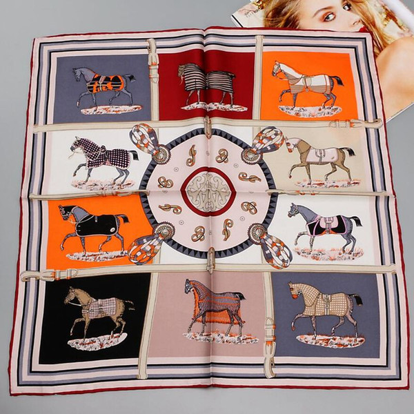 wholesale Horse Printed 100% Silk Twill Scarf, Women Ladies Quality Hand Rolled Small Square Silk Scarfs Necktie Bag Scarf 55cm