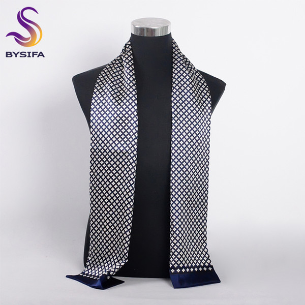 [BYSIFA] Brand Men Silk Scarf Muffler Winter Fashion Accessory 100% Pure Silk Male Plaid Long Scarves Cravat Navy Blue 160*26cm S1020