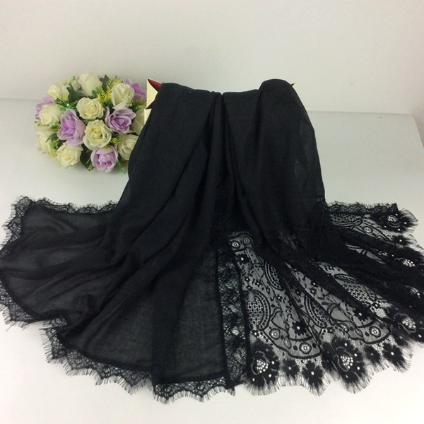 Wholesale-Embroidery Flower Borders Plain Shawls Lace Muslim Hijab 2016 Shawls Head Wraps Long Scarf Women Luxury Scarf 10pcs/lot