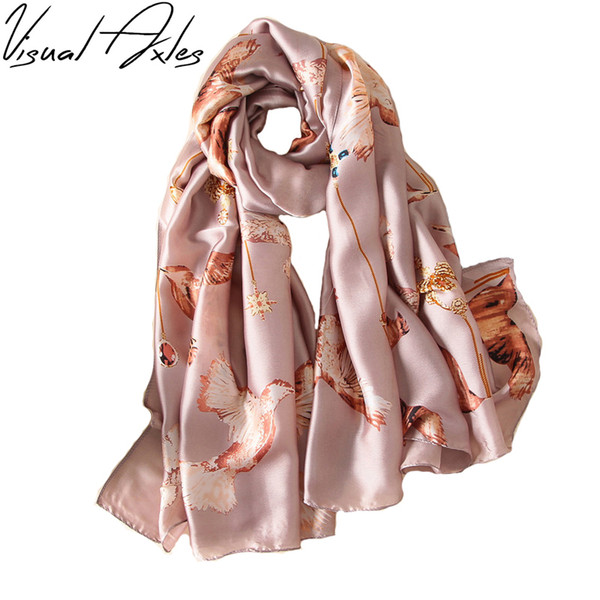 [Visual Axles] Silk Scarf Women Print Peace Dove Birds 100% Natural Silk Wraps Shawls and Scarves 180*90cm