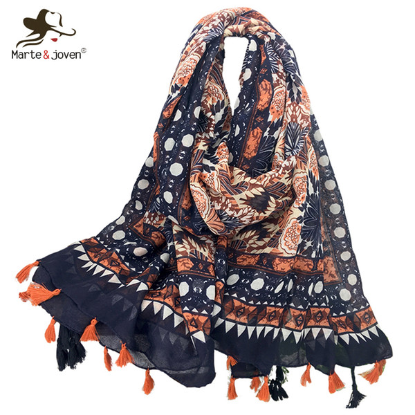 Marte&Joven Ethnic Style Floral Printing Orange Scarf Pashmina Fashion Autumn/Winter Oversized Soft Shawls&Wraps with Tassels