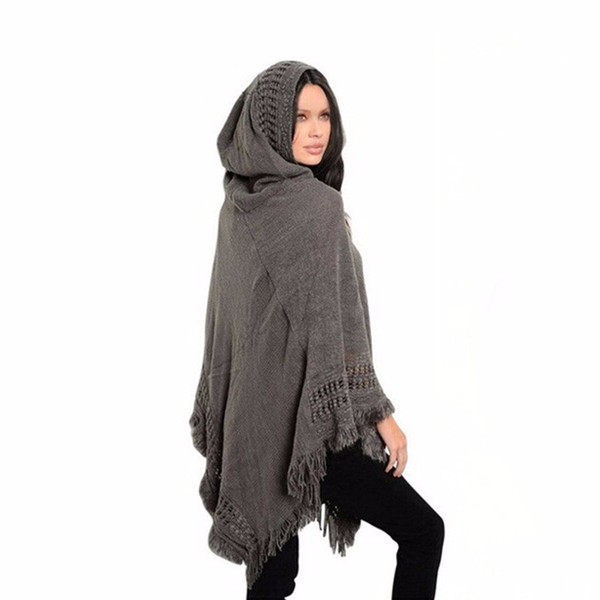 Tassel Knitted Hooded Women Poncho 2017 Solid Hollow Out Hole Shawls Scarves Wraps Female Loose Winter Hoodies Scarf