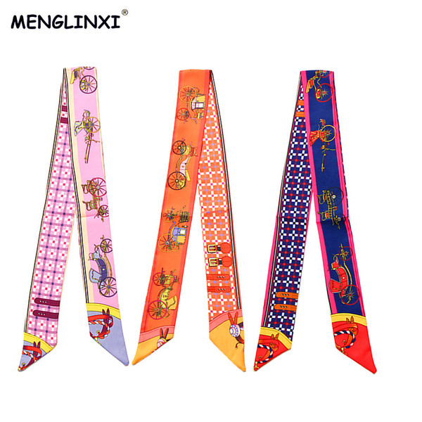 MENGLINXI Bag Twillies New Brand Women Small Twill Silk Scarf Horse Print Headdress Handle Bag Ribbon Long Scarves