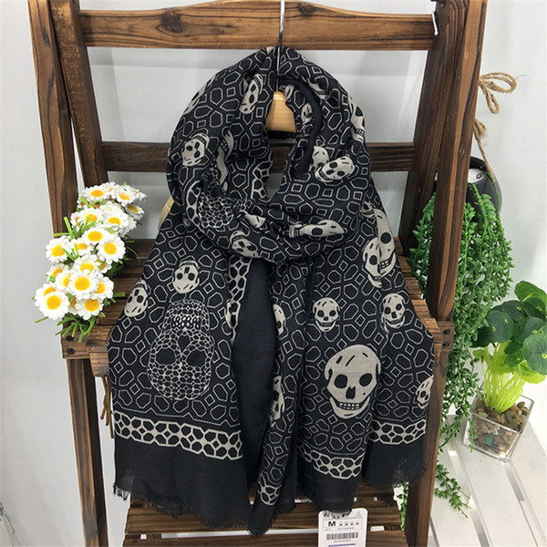 180x100cm New Design Diamond Skull Printed Scarf Fashion Punk Ladies Black Skull Shawls Wrap Rap Women Cotton Fringe Scarf YG420