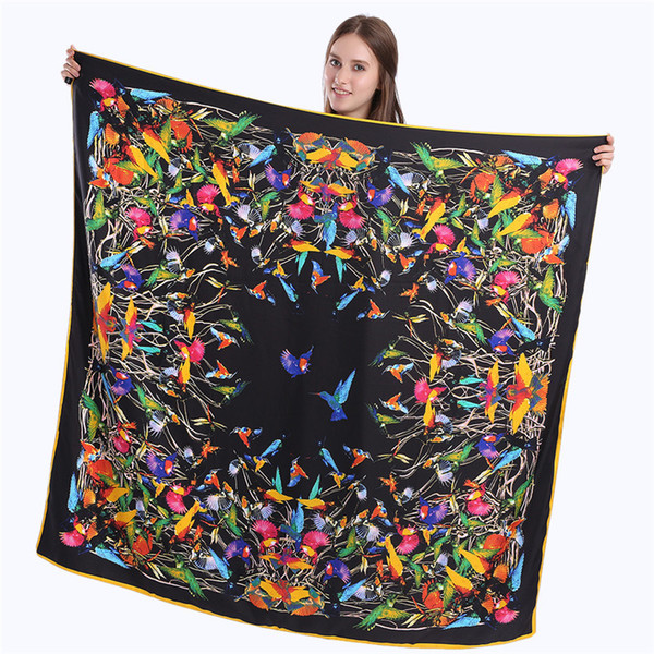 New arrival 2018 twill silk square scarf women 100% real silk Fashion Yellow / Blue / Black Printed bird square scarf silk gifts