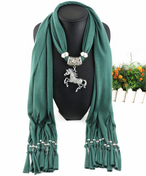 Wholesale-2016 New Arrival Fashion Trendy Bohemian Solid Long Tassel Alloy Horse Pendant Polyester Scarves (LK0511)