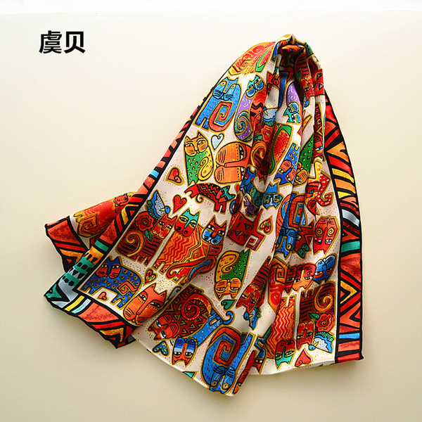 Cartoon cats long scarf women sunscreen soft thin mulberry natural silk scarf printed scarves wrap shawl christmas gift for Lady