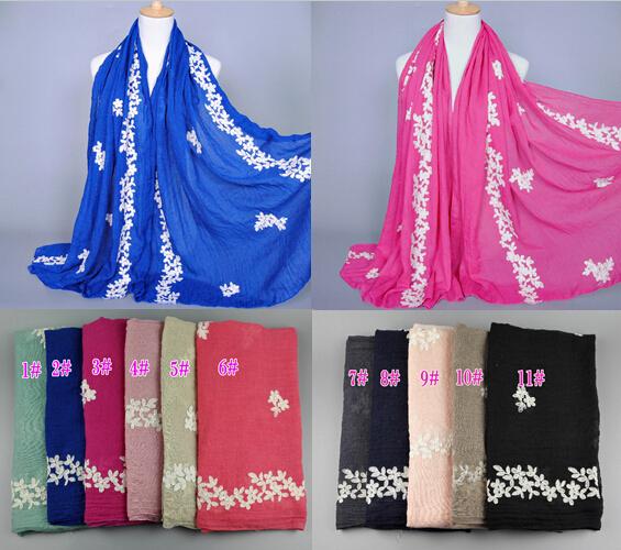 Wholesale-NEW design women's fashion embroider flower cotton popular long scarf wrap head Muffler hijab muslim scarves/shawls 10pcs/lot