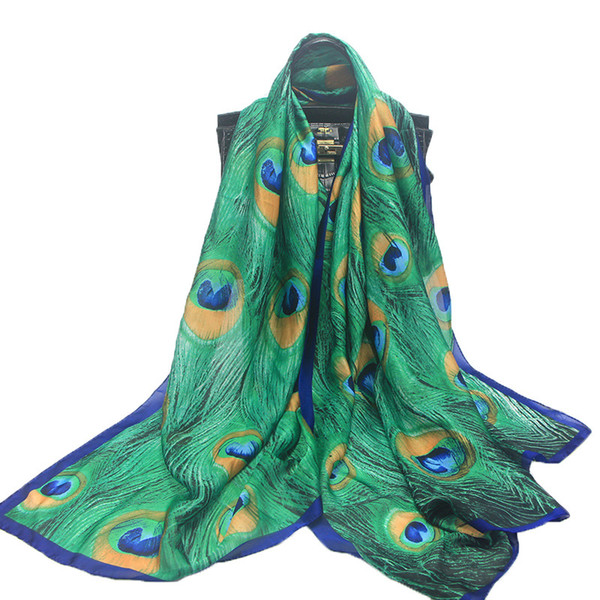 90*180CM Women's Green Sanrf Elegant Silk Scarf Soft Green Peacock Feather Print Scarf Sunscreen Shawl Tourism MY-SK025