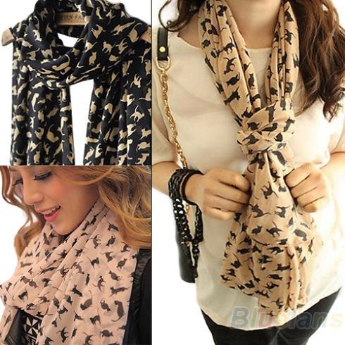 Wholesale- Hot New Fashion Women's Chiffon Colorful Sweet Cartoon Cat Kitten Scarf Graffiti Style Shawl Girls Gift 0JCH BD1C