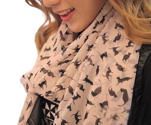 Wholesale-Fashion Women Soft Chiffon Colorful Sweet Cartoon Cat Kitten Scarf Graffiti Style Shawl Girls Christmas Gift Fast Shipping