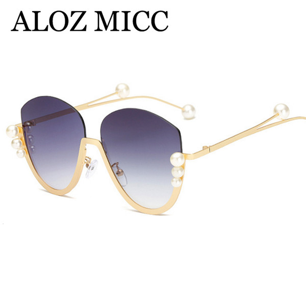 ALOZ MICC Fashion Semi-Rimless Sunglasses Women Luxury Big Pearl Sun Glasses Female Metal Frame Eyewear UV400 A618