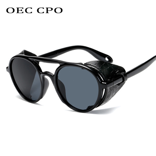 OEC CPO New Men Steampunk Sunglasses For Men Leather Punk Round Sunglasses Women Vintage Shades High Quality UV400 L30