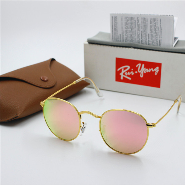 1pcs High Quality Fashion Round Mens Womens Designer YXVAXL Brand Sun Glasses Gold Metal Pink Dark 50mm Glass Lenses Better Brown Box