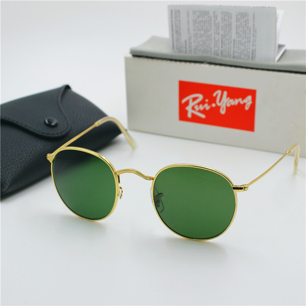 1pcs High Quality Fashion Round Mens Womens Designer YXVAXL Brand Sun Glasses Gold Metal Green Dark 50mm Glass Lenses Better Black Box