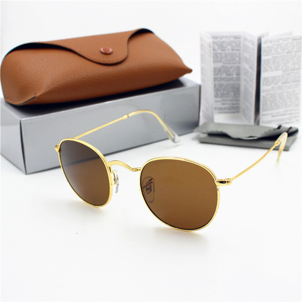 New high quality fashion designer circular sunglasses YXVAXL brand sunglasses gold frame brown 50mm glass lens UV400 protection brown case