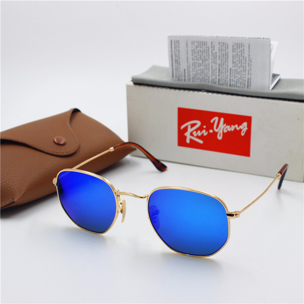New High Quality Fashion Retro Designer YXVAXL Brand Sunglasses Gold Frame Blue Flash Glass Lens UV400 Protection Sunglasses Brown Case.